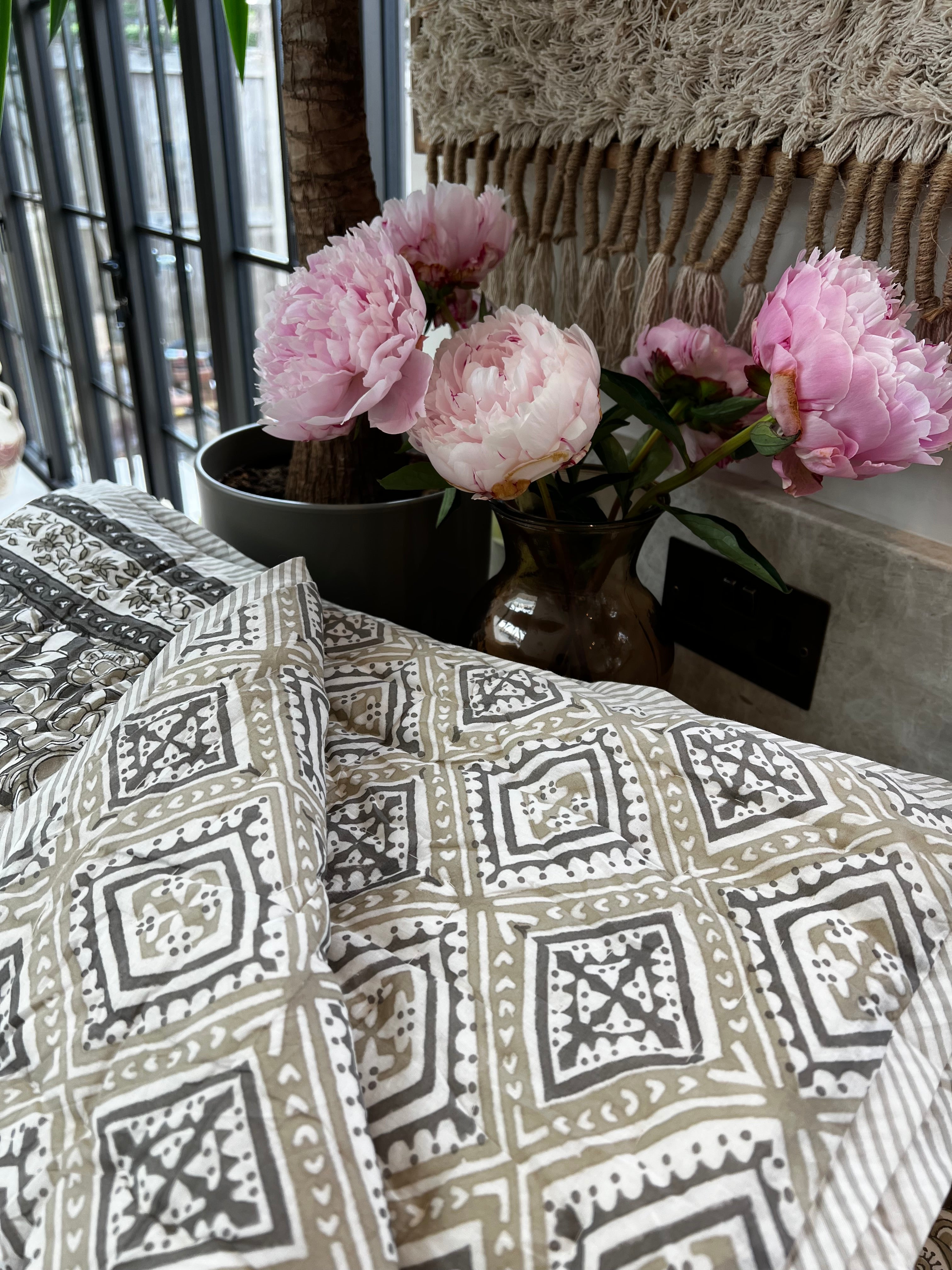 Handmade block printed summer quilt - Grey & Taupe