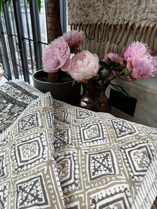 Handmade block printed summer quilt - Grey & Taupe