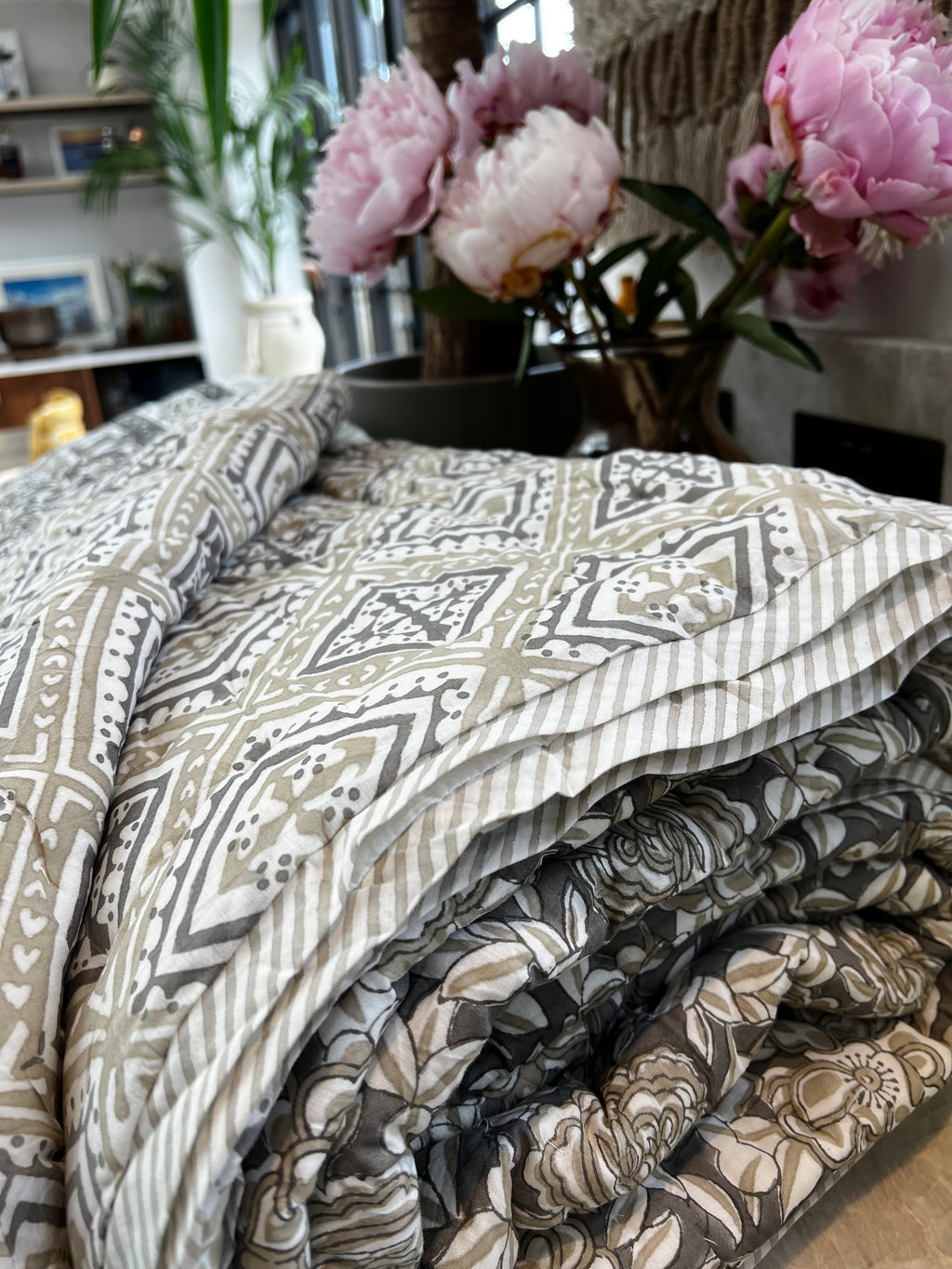 Handmade block printed summer quilt - Grey & Taupe