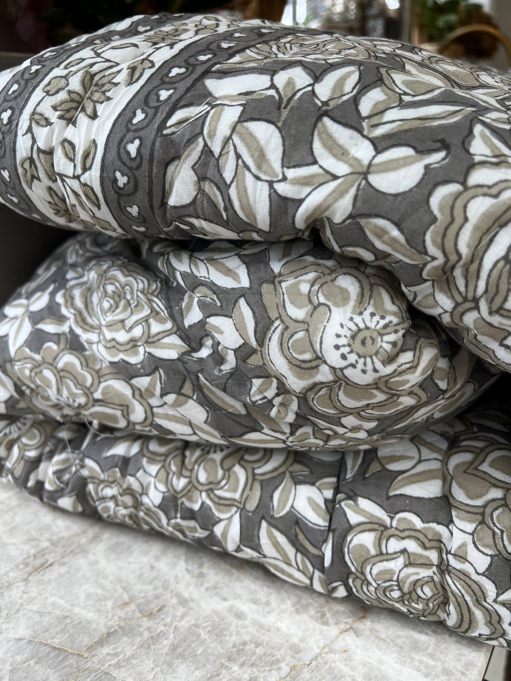 Handmade block printed summer quilt - Grey & Taupe