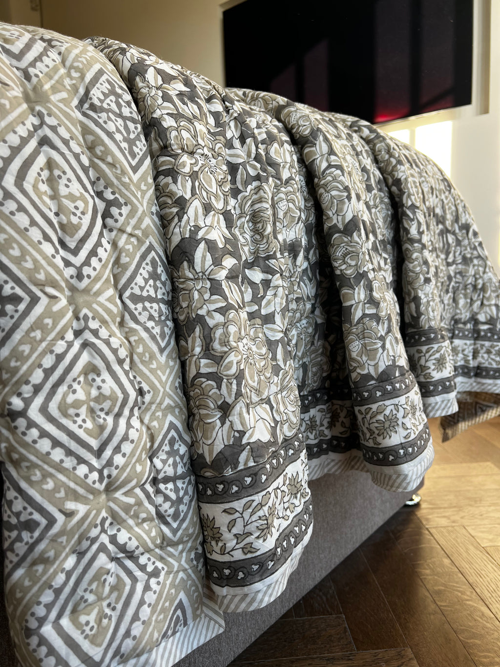 Handmade block printed summer quilt - Grey & Taupe